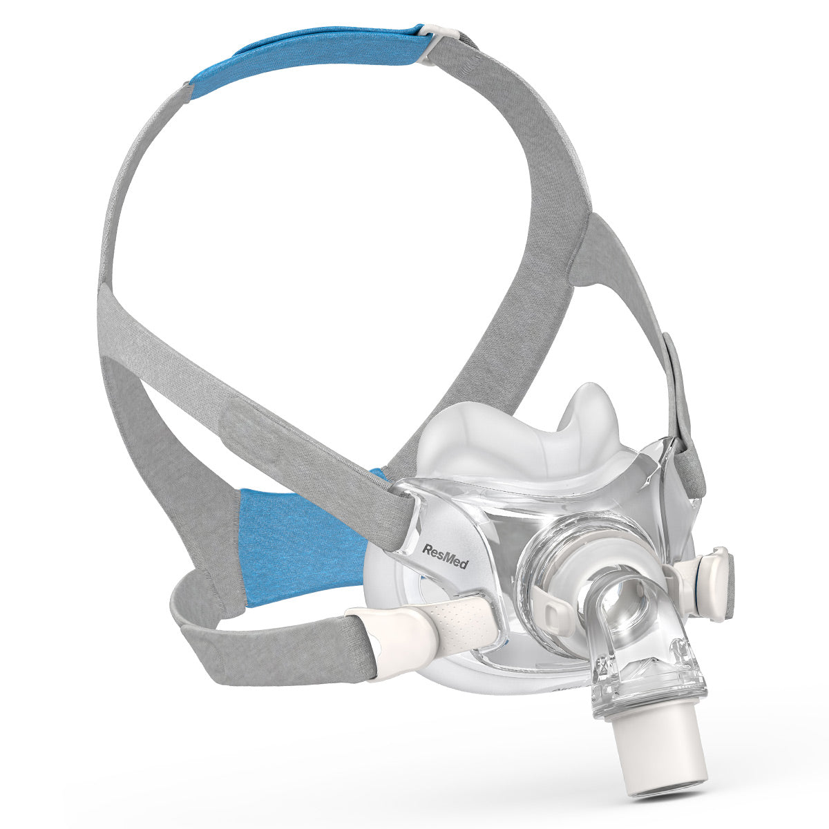 A smaller style full face CPAP/BiLevel mask with headgear, predominantly clear and gray in color, designed to sit low on the face.