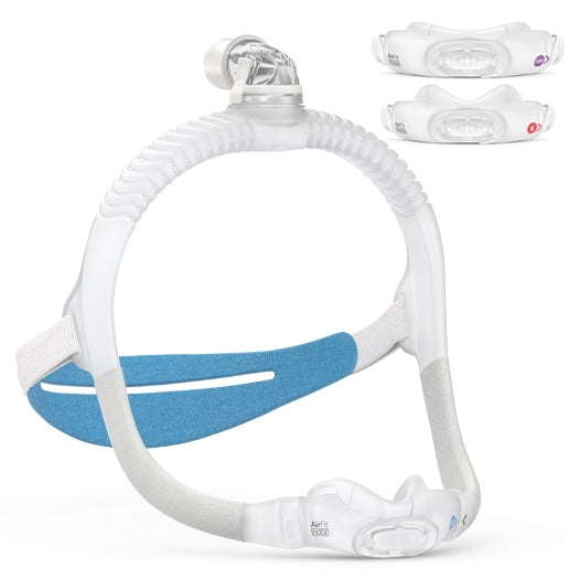 Over-the-head tube design nasal CPAP mask with a soft hollow tubed frame and a blue and white color scheme. Includes headgear and cushion details.
