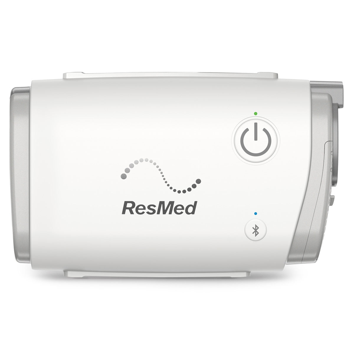 ResMed AirMini Auto CPAP with power and Bluetooth symbols on a white background