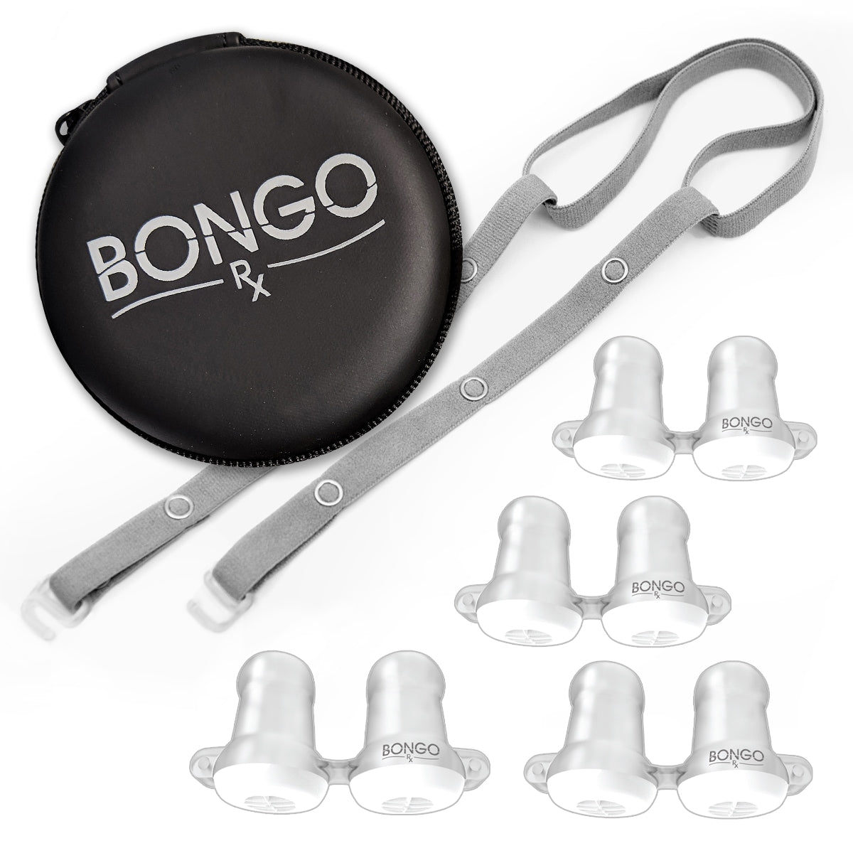 4 Bongo RX devices with headgear and carrying case on white background.