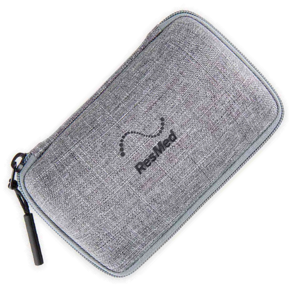 Gray zippered case with ResMed logo on a white background