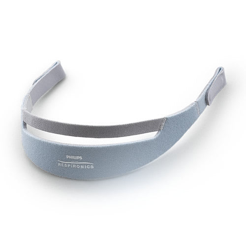Gray sleep mask with Philips Respironics branding on a white background