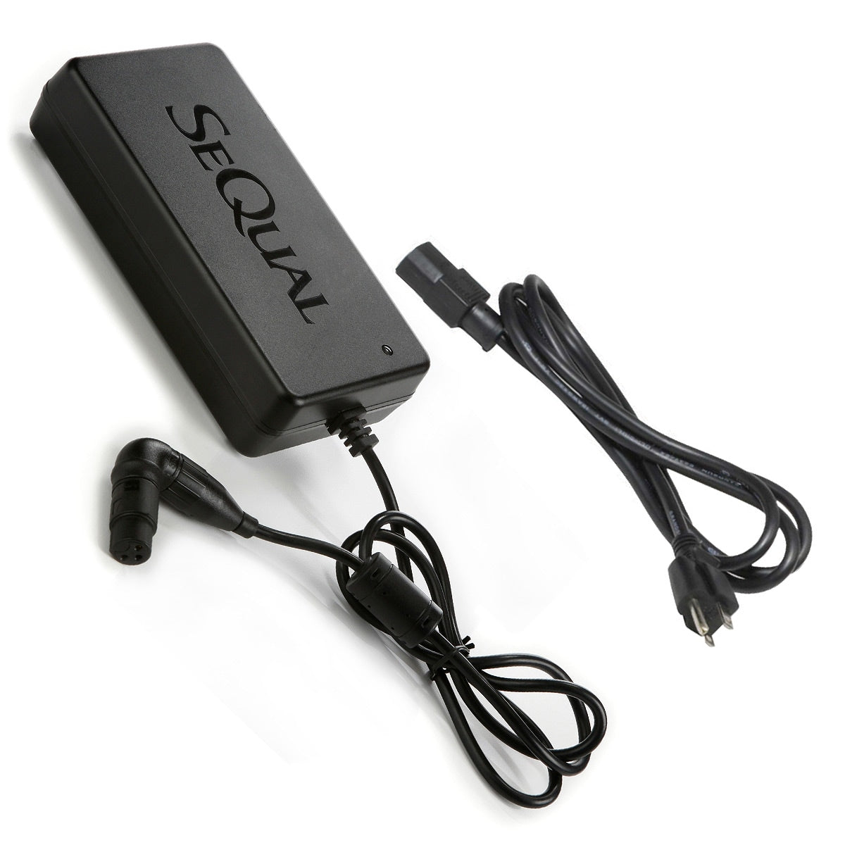 Black power adapter with 'Sequal' branding on a white background