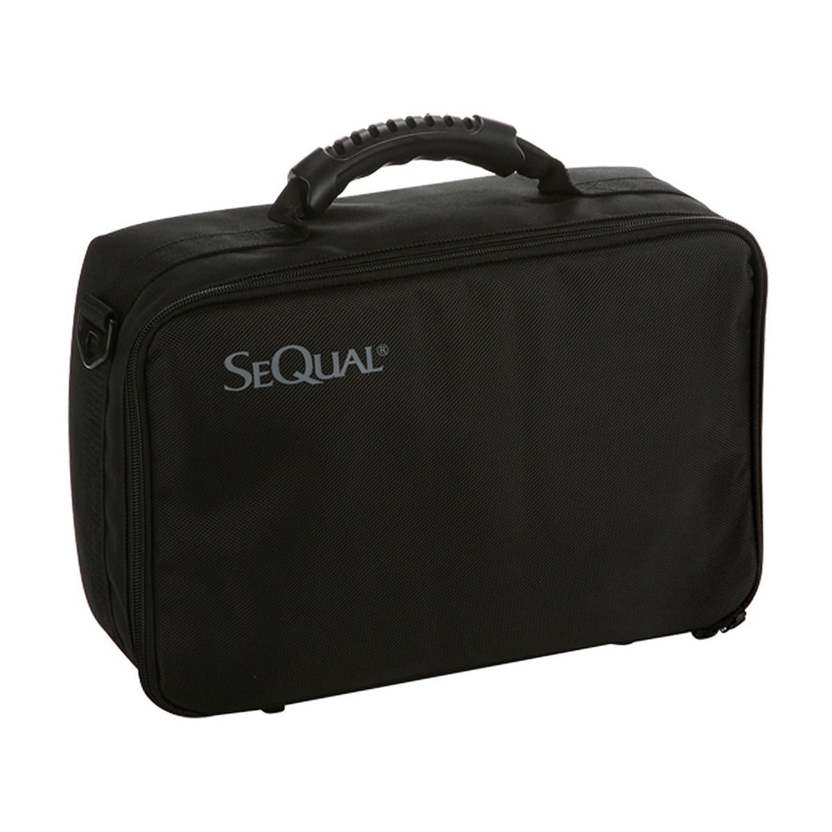 Black travel case with the brand name 'SeQual' written on the side, designed for storing oxygen concentrator parts and accessories.