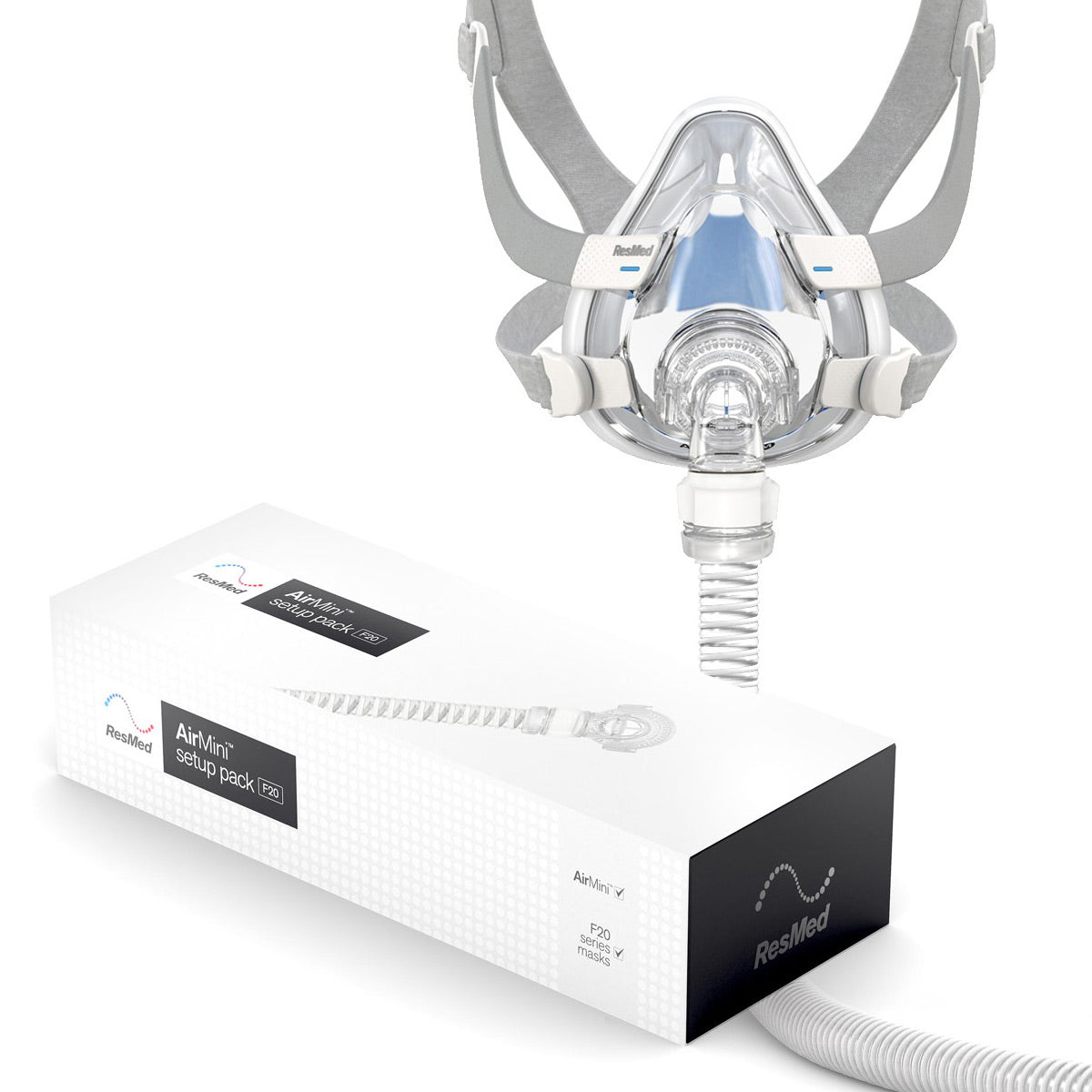 ResMed CPAP mask and packaging on a white background
