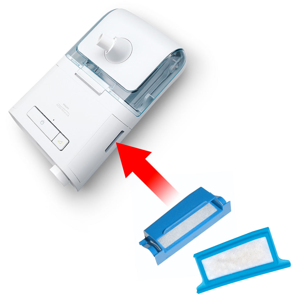 Dreamstation machine with red arrow showing where to insert a filter 