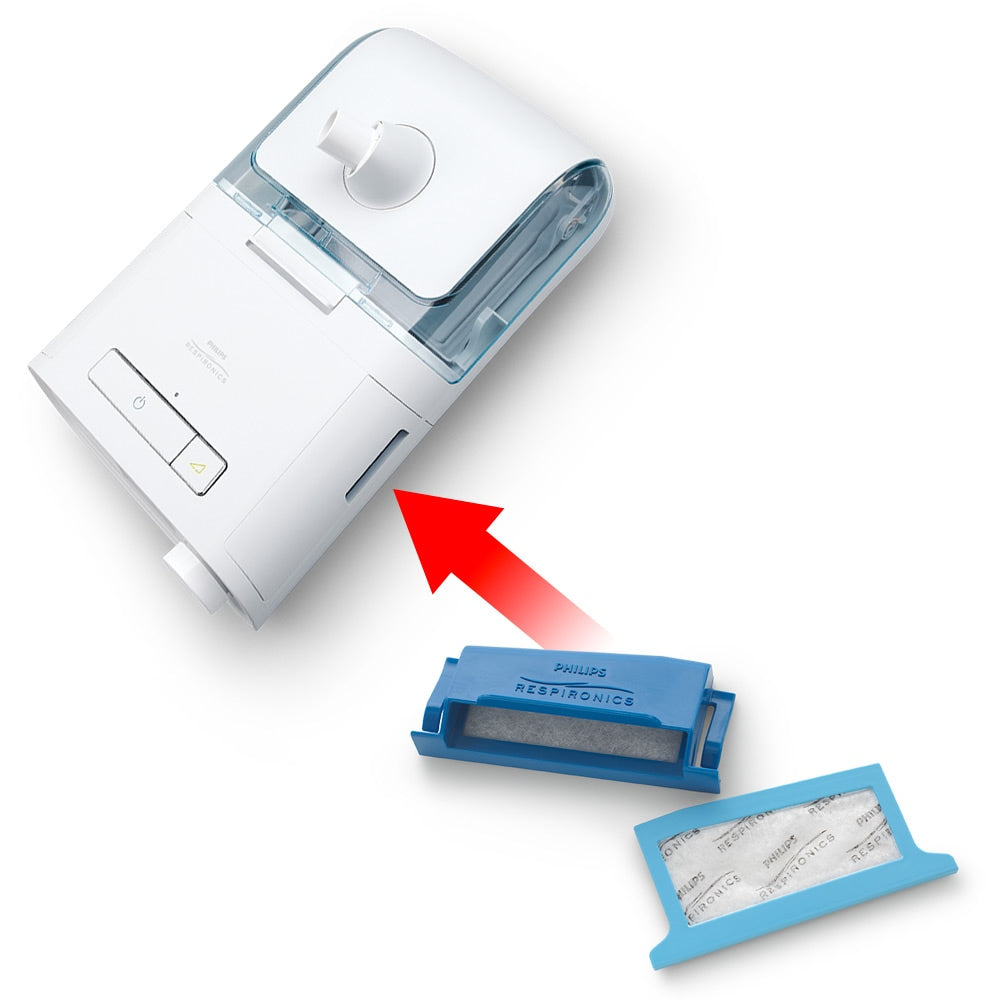 Picture of a Dreamstation CPAP Machine with a red arrow on where to insert a foam filter 