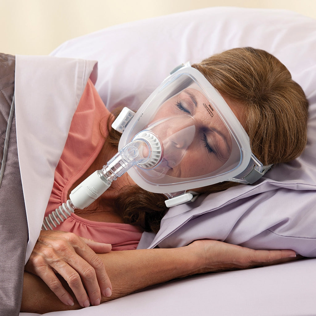 Fitlife Total Full Face Mask being worn by a woman in bed 