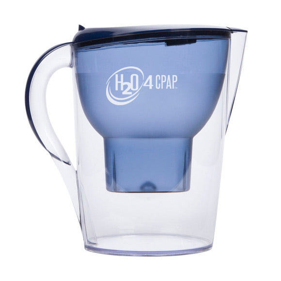 Clear water pitcher with blue accent and 'H2O4CPAP' branding on a white background