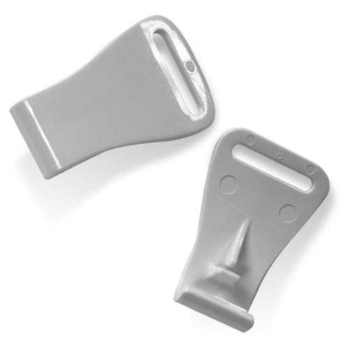 Two gray plastic buckles on a white background