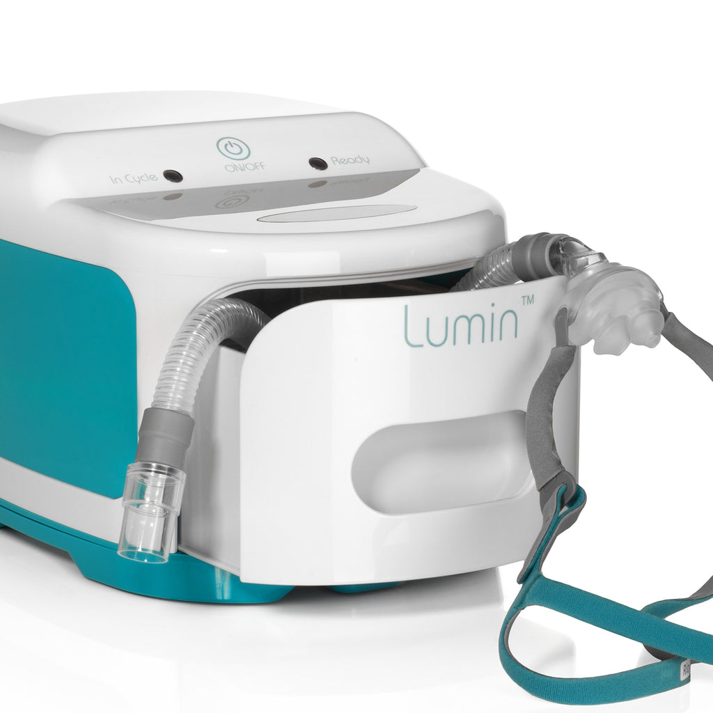 Lumin device with teal and white color scheme on a white background
