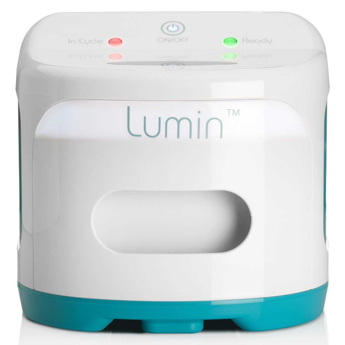 White and teal device with 'Lumin' branding on a white background