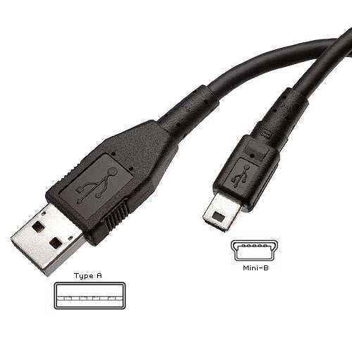 USB cable with Type A and Mini-B connectors on a white background