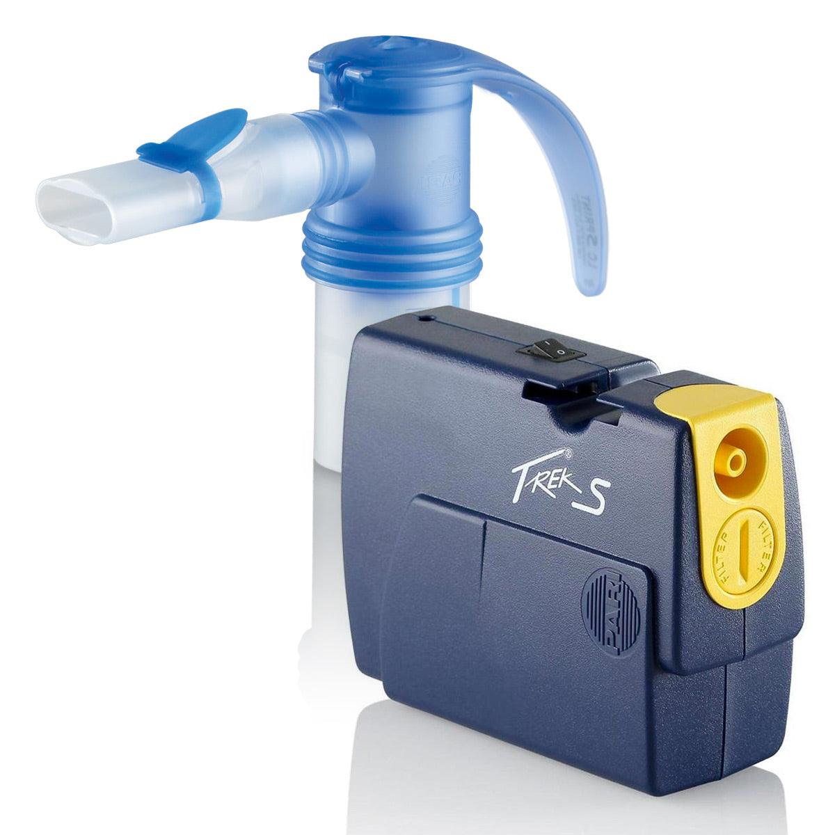 Portable inhaler device with blue mouthpiece on a white background