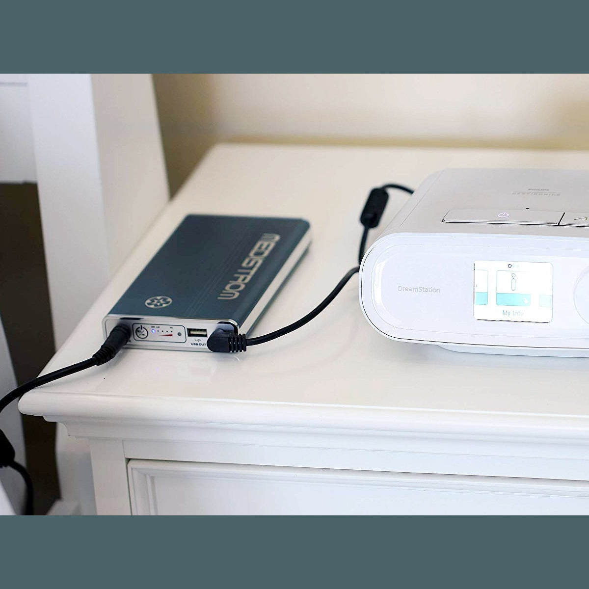 Pilot 12 CPAP Battery with Dreamstation on night stand 