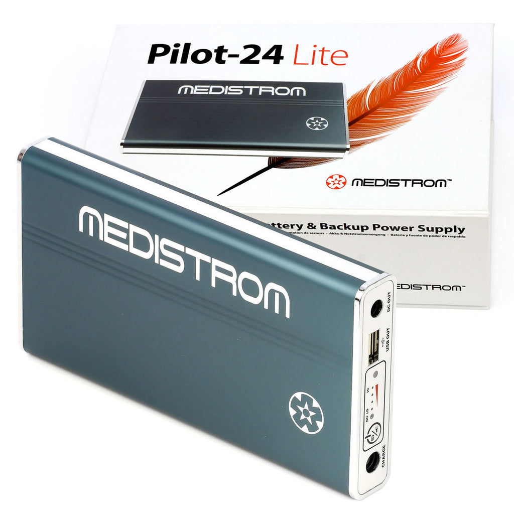 Medistrom Pilot-24 Lite battery & backup power supply with packaging on a white background
