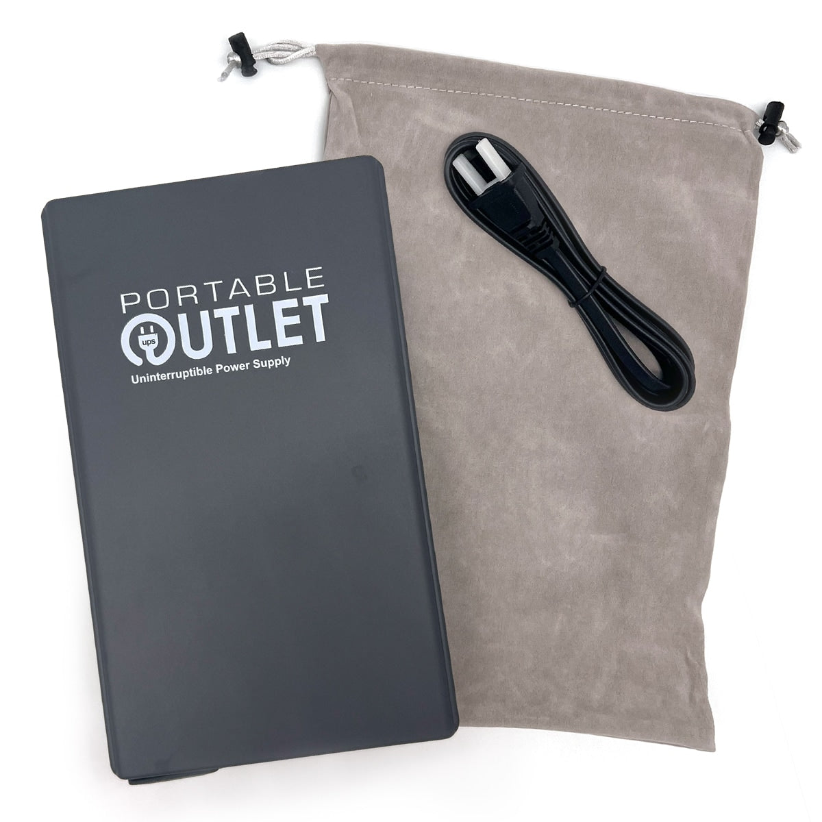 Portable outlet power supply with cable and pouch on a white background