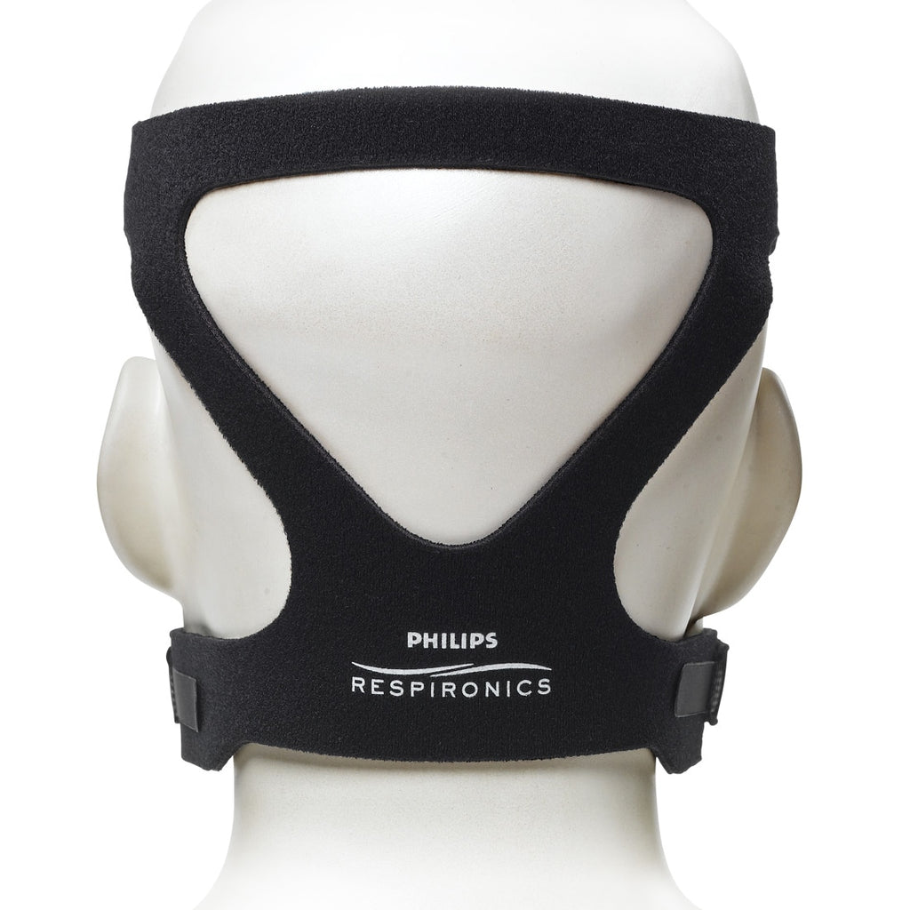 Black Philips Respironics headgear  on a mannequin head with a white background