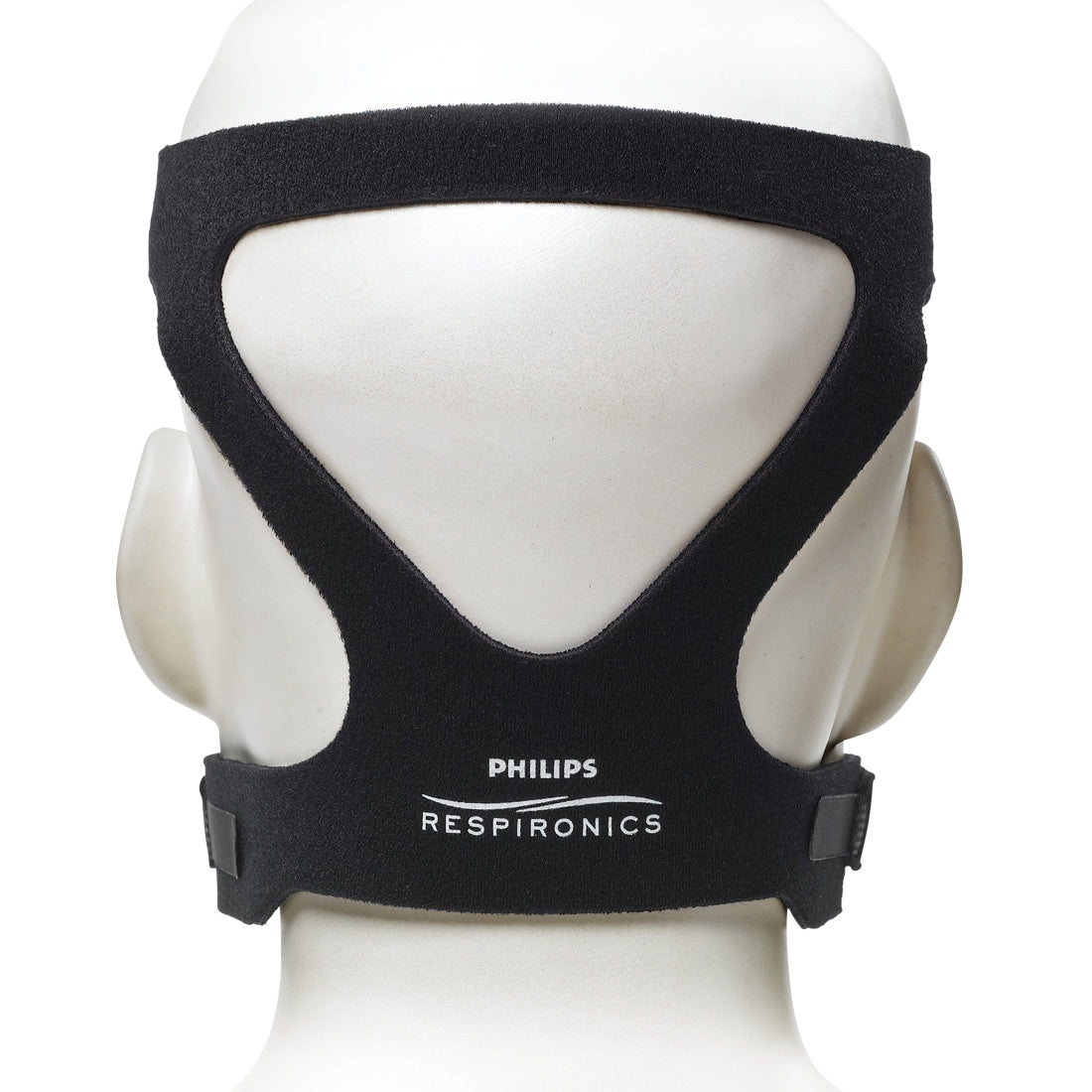 Black Philips Respironics headgear  on a mannequin head with a white background