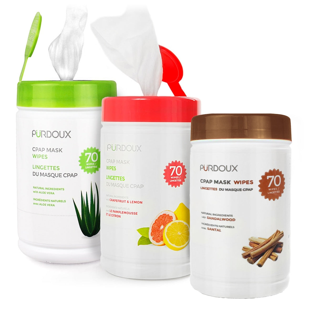 Three containers of Purdoux créap mask wipes with different scents on a white background.