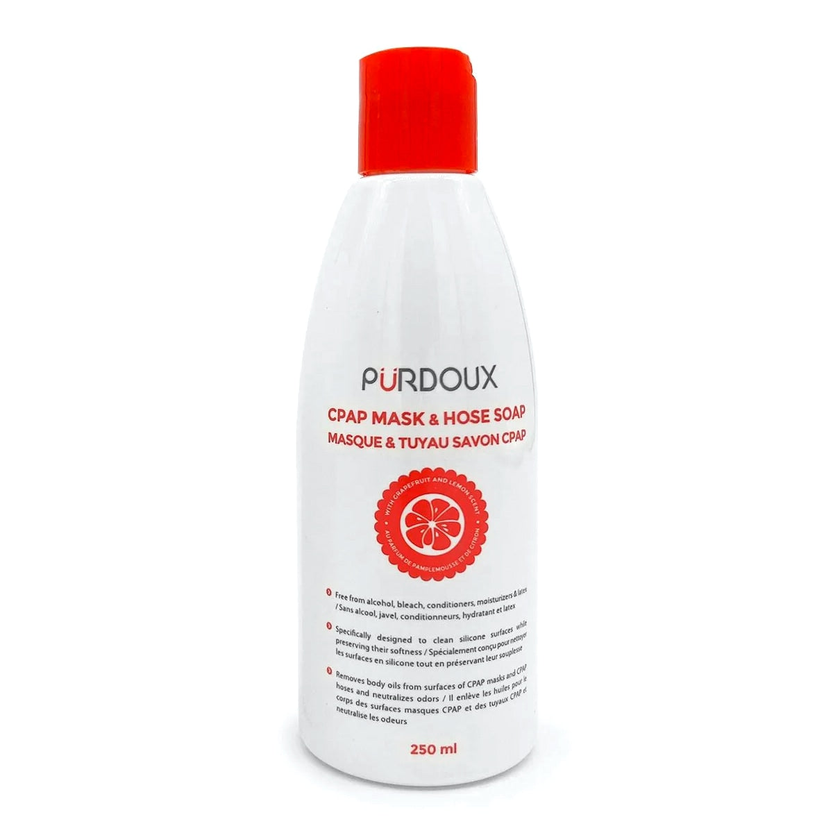 Bottle of Purdoux crab mask and hose soap with a red cap on a white background