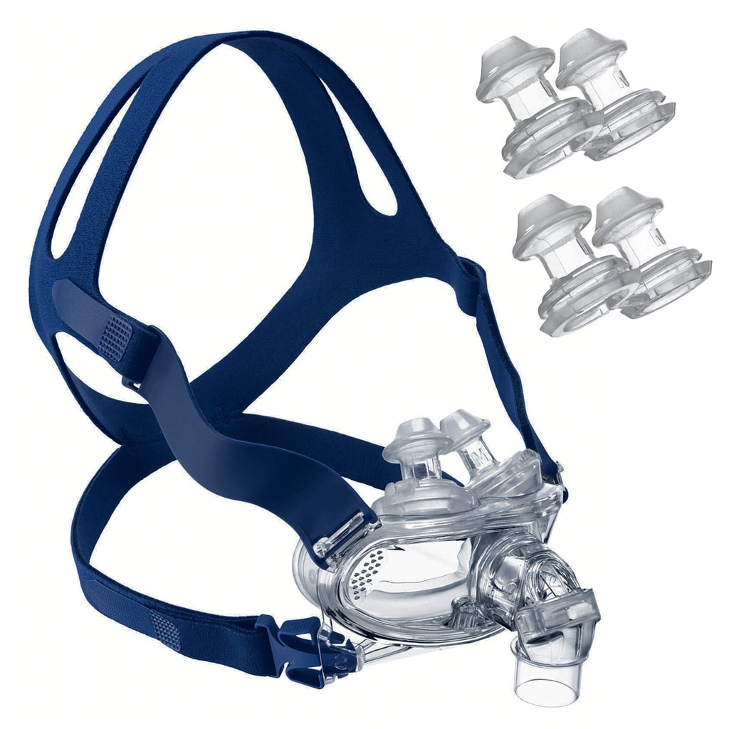 Resmed Mirage Liberty CPAP mask with blue headgear and clear facepiece, accompanied by three additional clear nasal pillows on a white background.