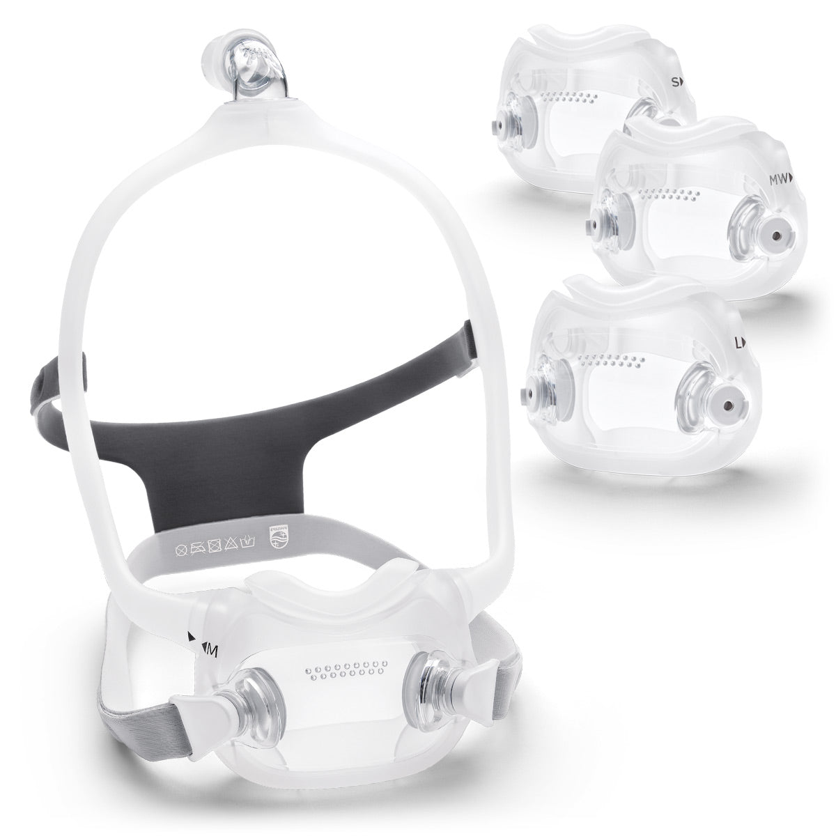 Dreamwear CPAP mask with headgear on a white background with three nasal cushions 