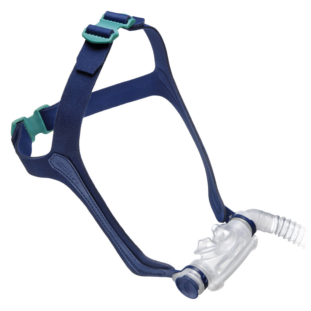 Nasal CPAP mask with blue headgear and white plastic connector on a white background