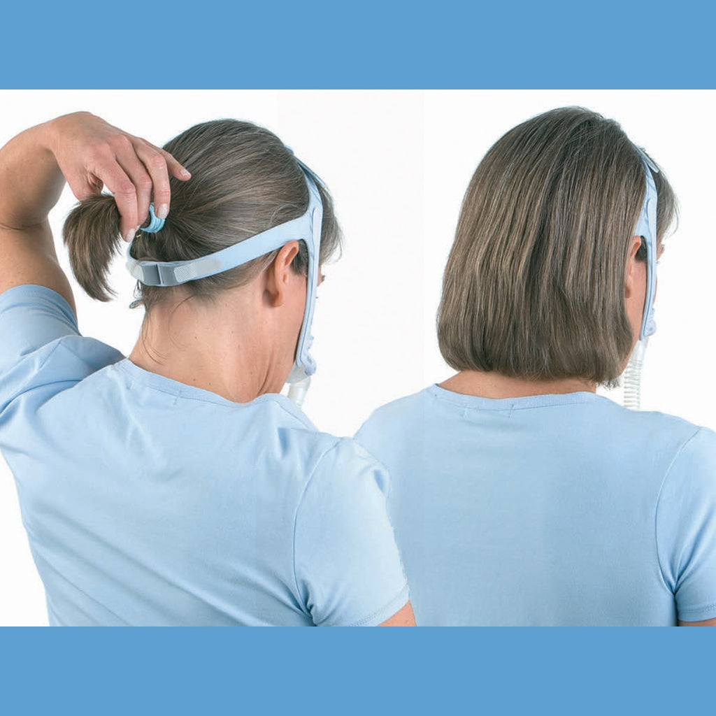 A woman showing different hair styles while using a Swift LT Mask 