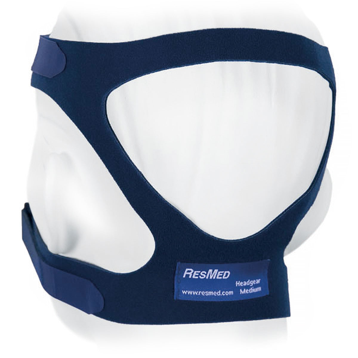 Navy blue headgear with ResMed label on a white background