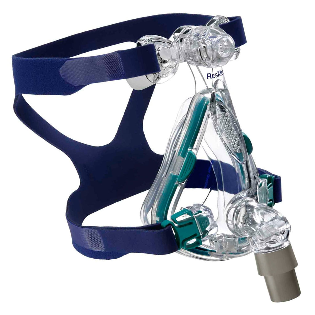 ResMed CPAP mask with blue headgear on a white background