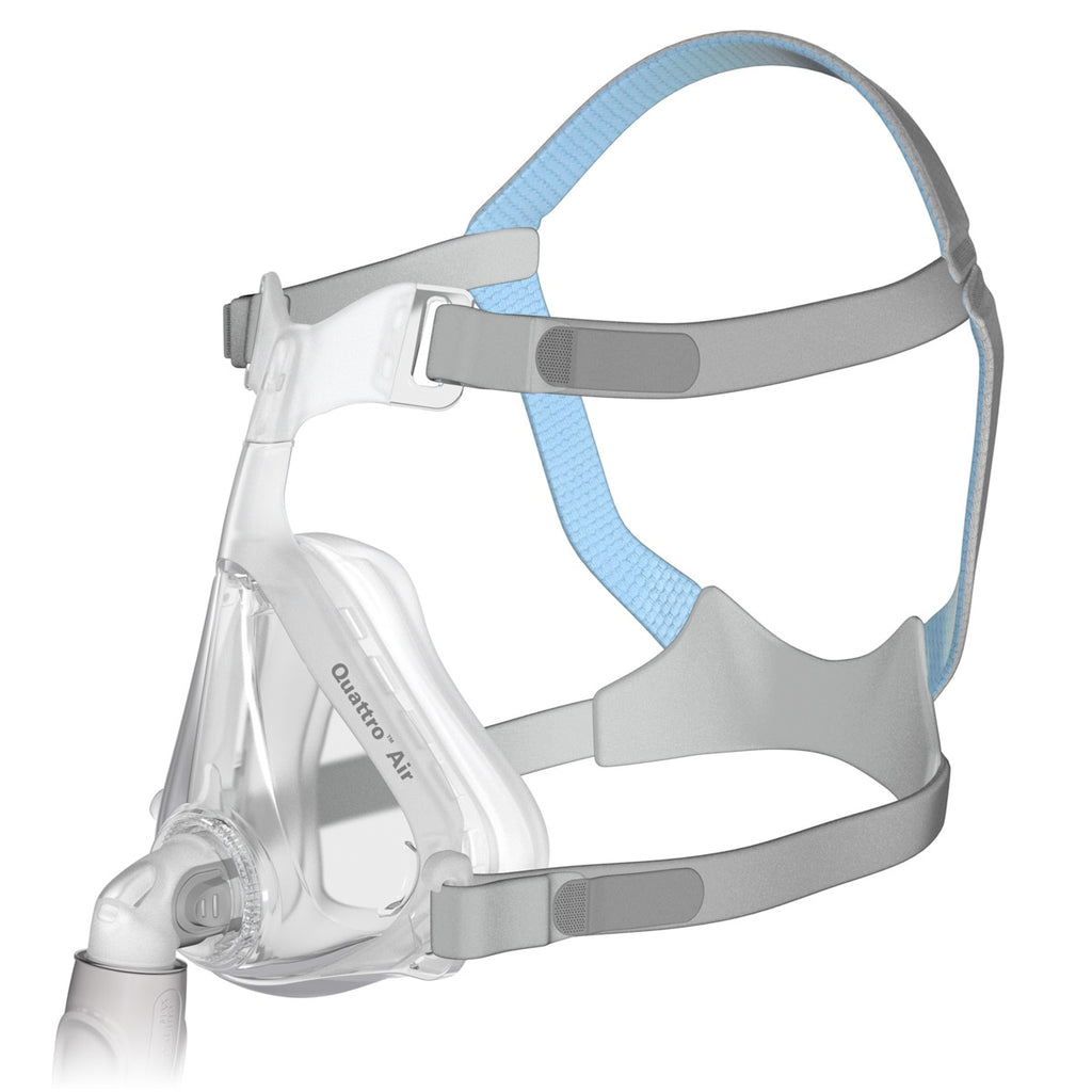CPAP mask with clear facepiece and gray headgear on a white background
