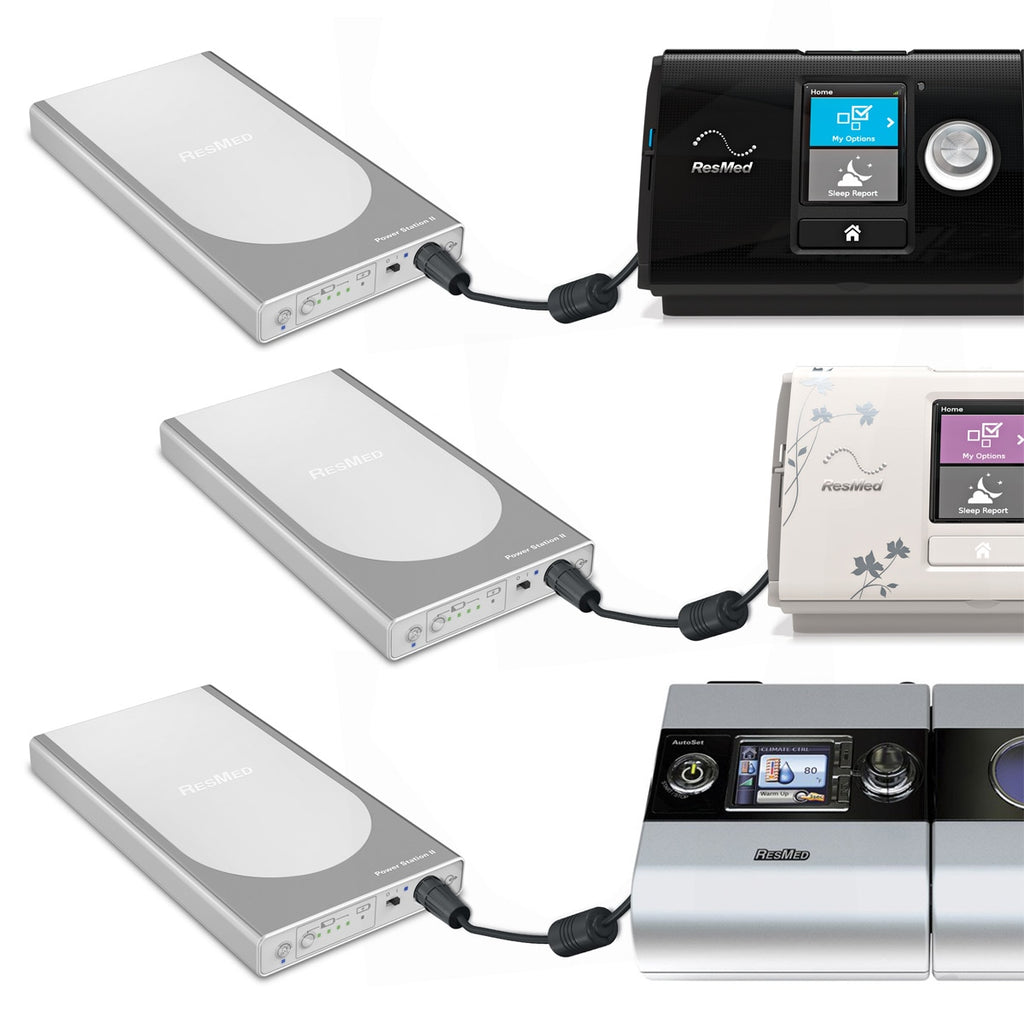 Three Resmed Power Station II Batteries attached to three machines 