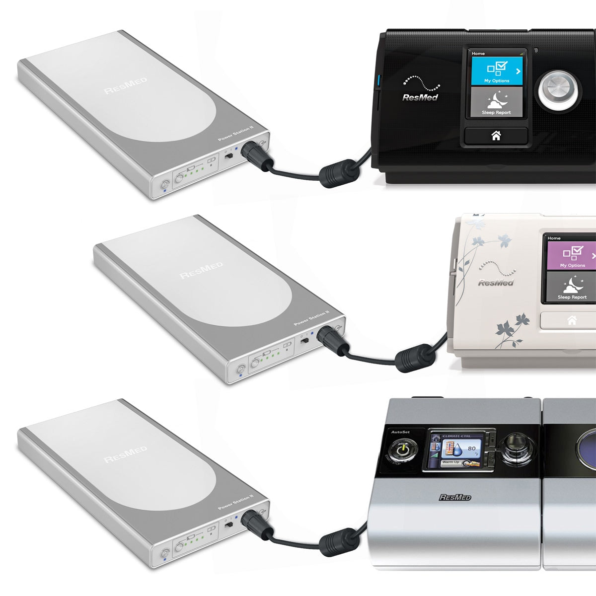 Three Resmed Power Station II Batteries attached to three machines 