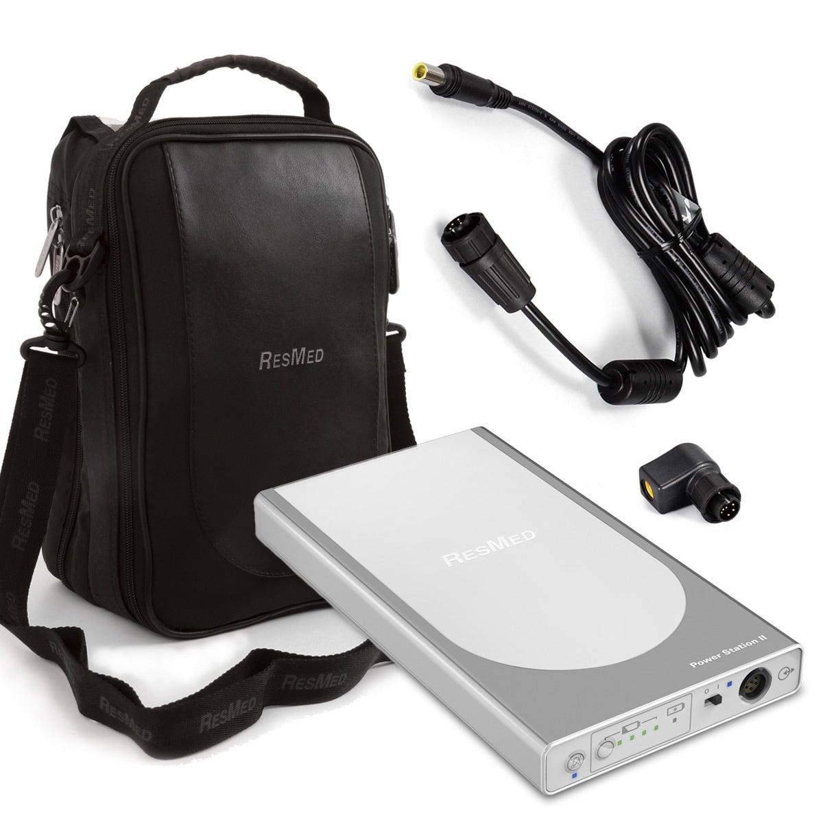 ResMed Power Station Battery Pack  with carrying case and cables on a white background