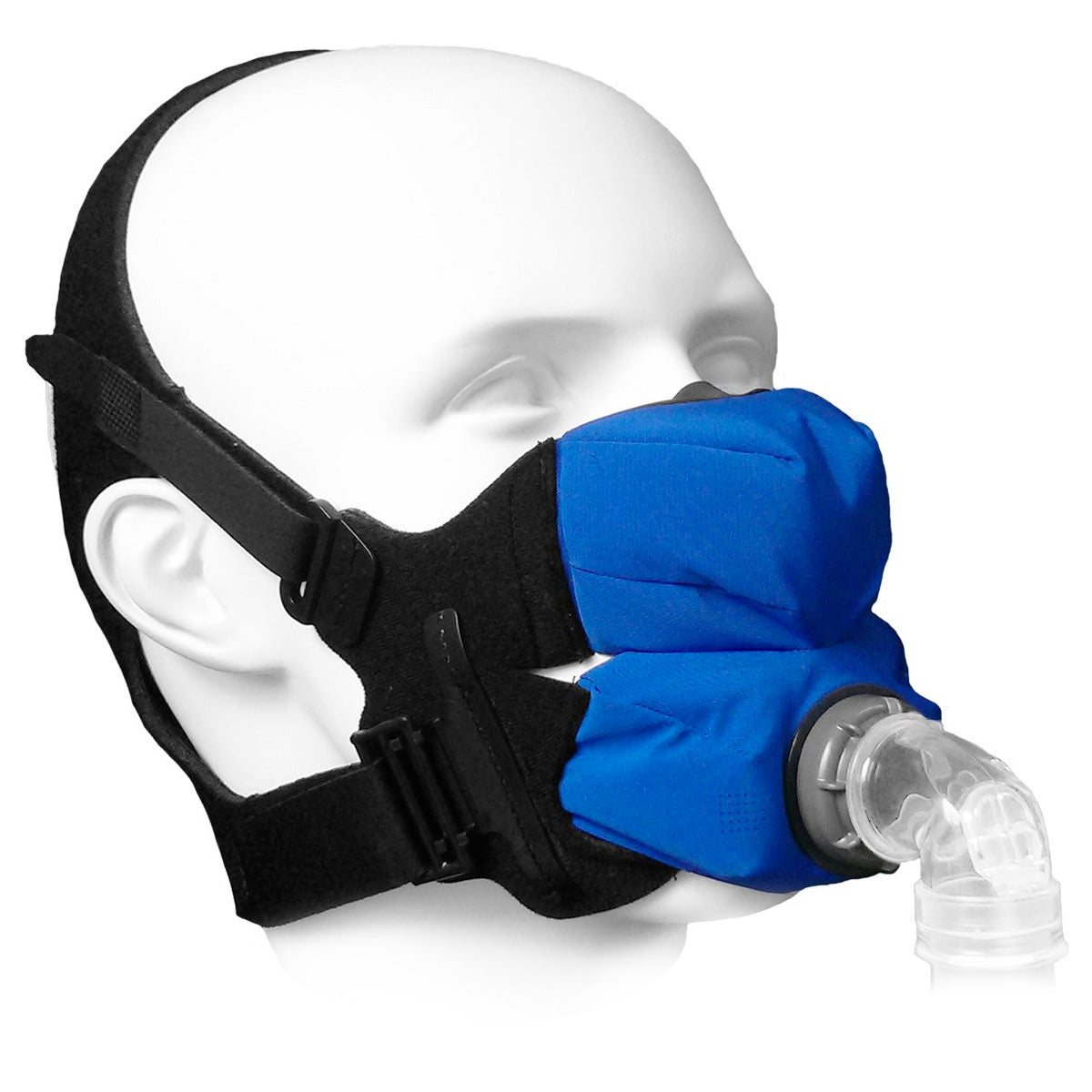 Sleepweaver Anew Blue and black CPAP mask on a white mannequin head