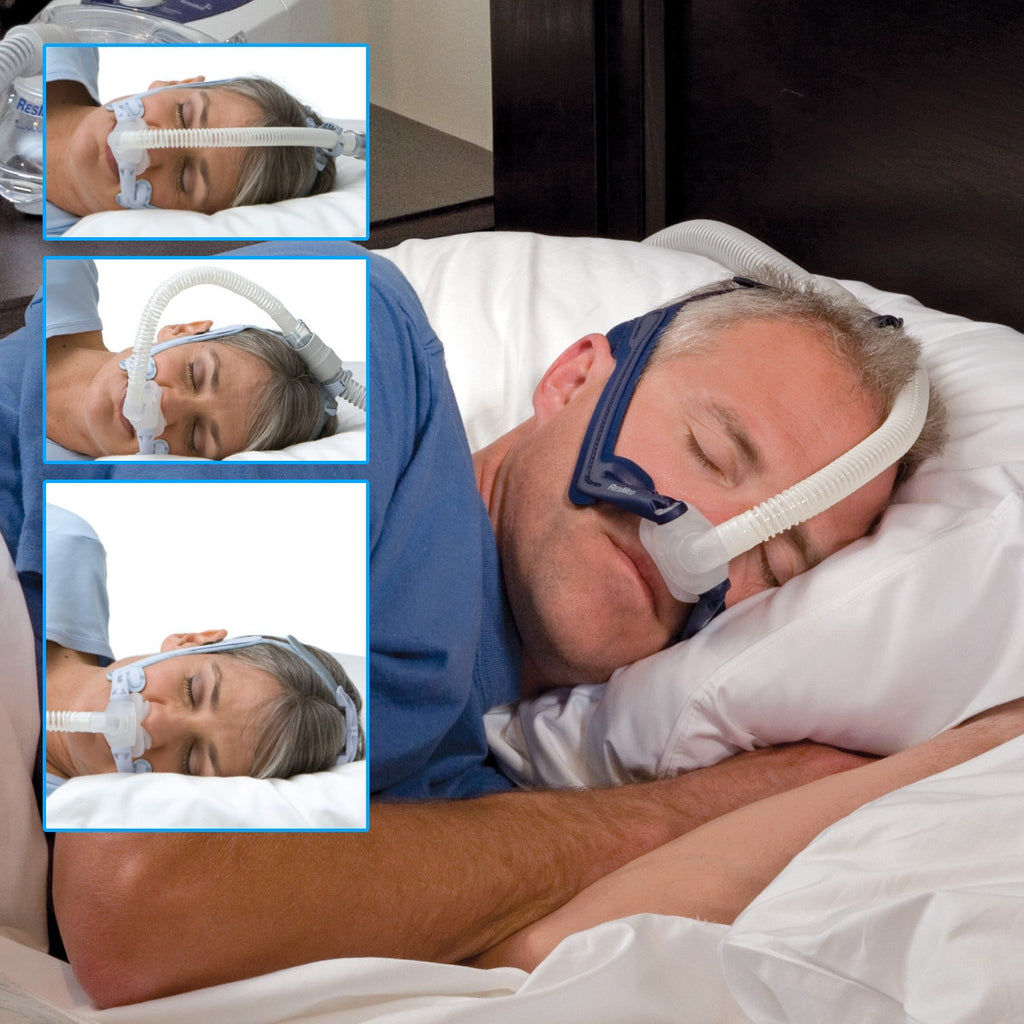 Multiple Pictures of a man wearing a Swift LT CPAP Mask with different tubing positions 