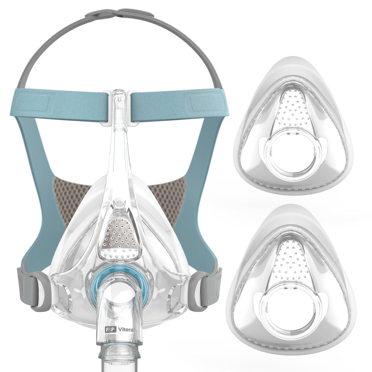 Vitera Full Face CPAP mask with headgear and two additional cushions on a white background